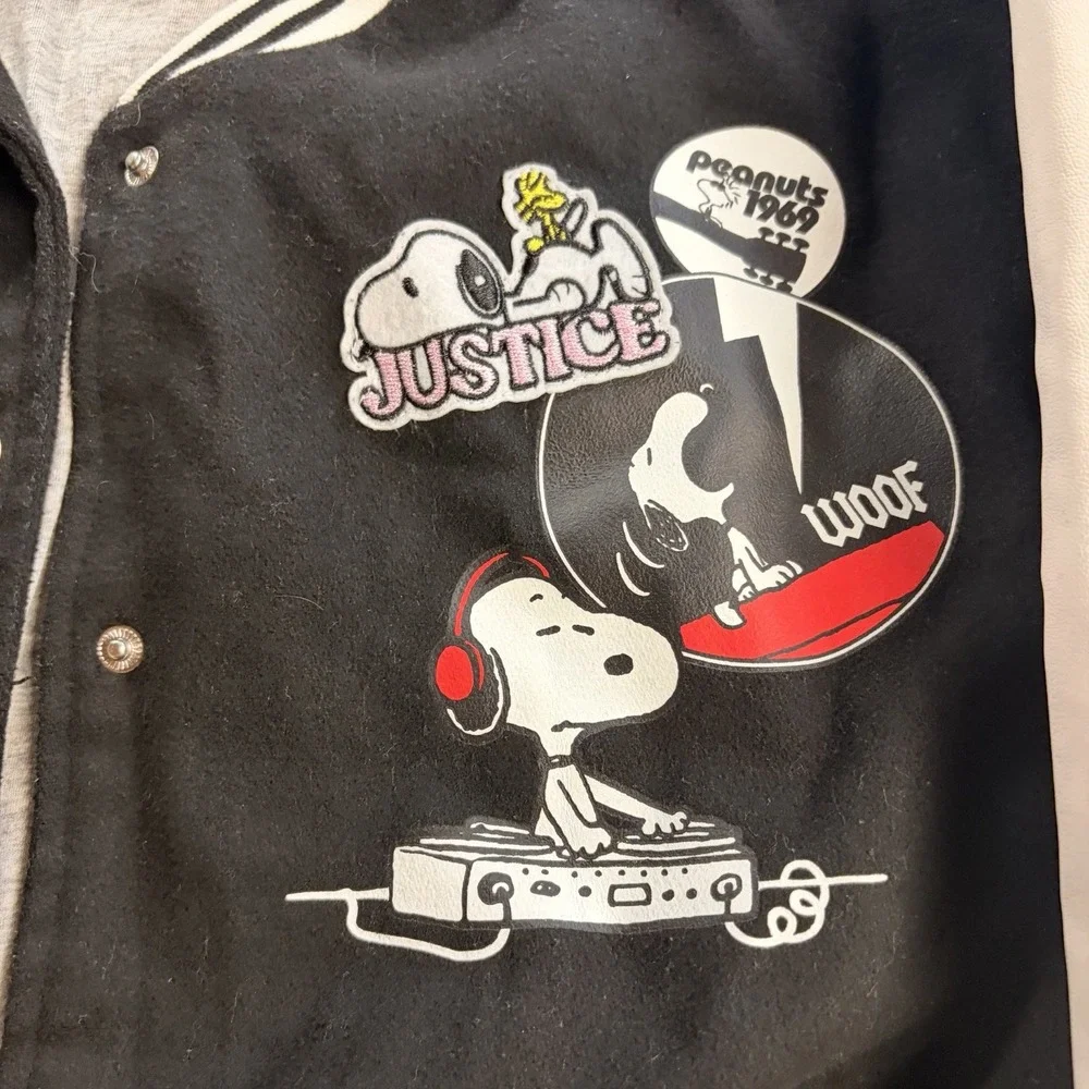 Justice Peanuts Snoopy Varsity Jacket Girls XL 16/18 Black White Abbey Road